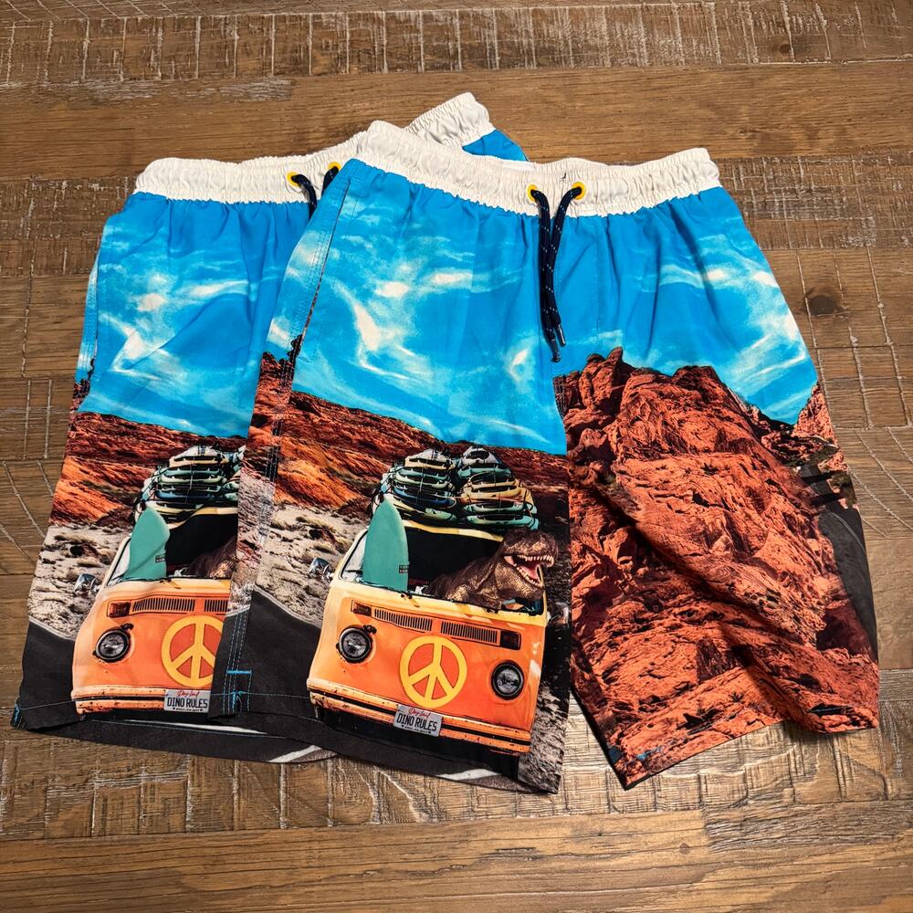 Lot of 2 Boys Swim Trunks Wonder Nation L 10-12 Dinosaur Surf Boards Twins